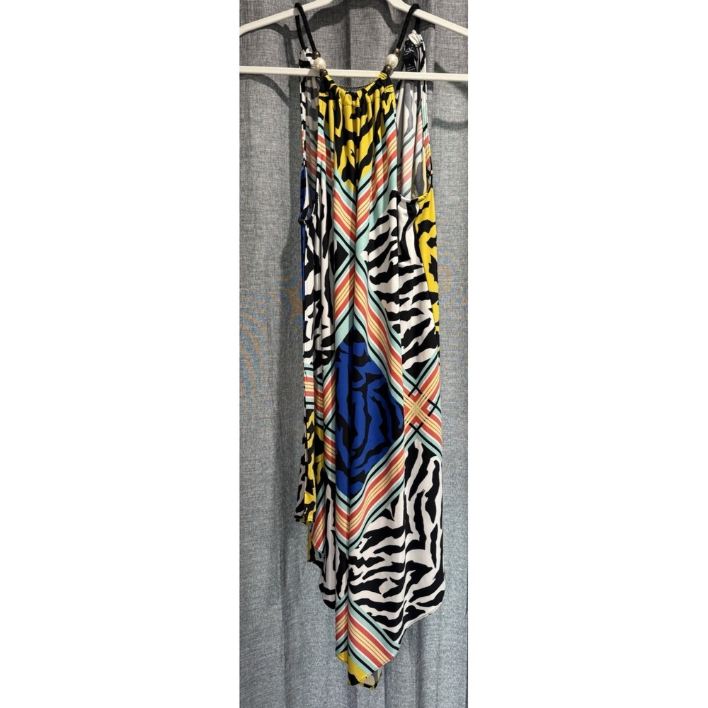 MSK Handkerchief Dress Size Large Beads Chain Sleeveless Stretch Zebra Slit Flow